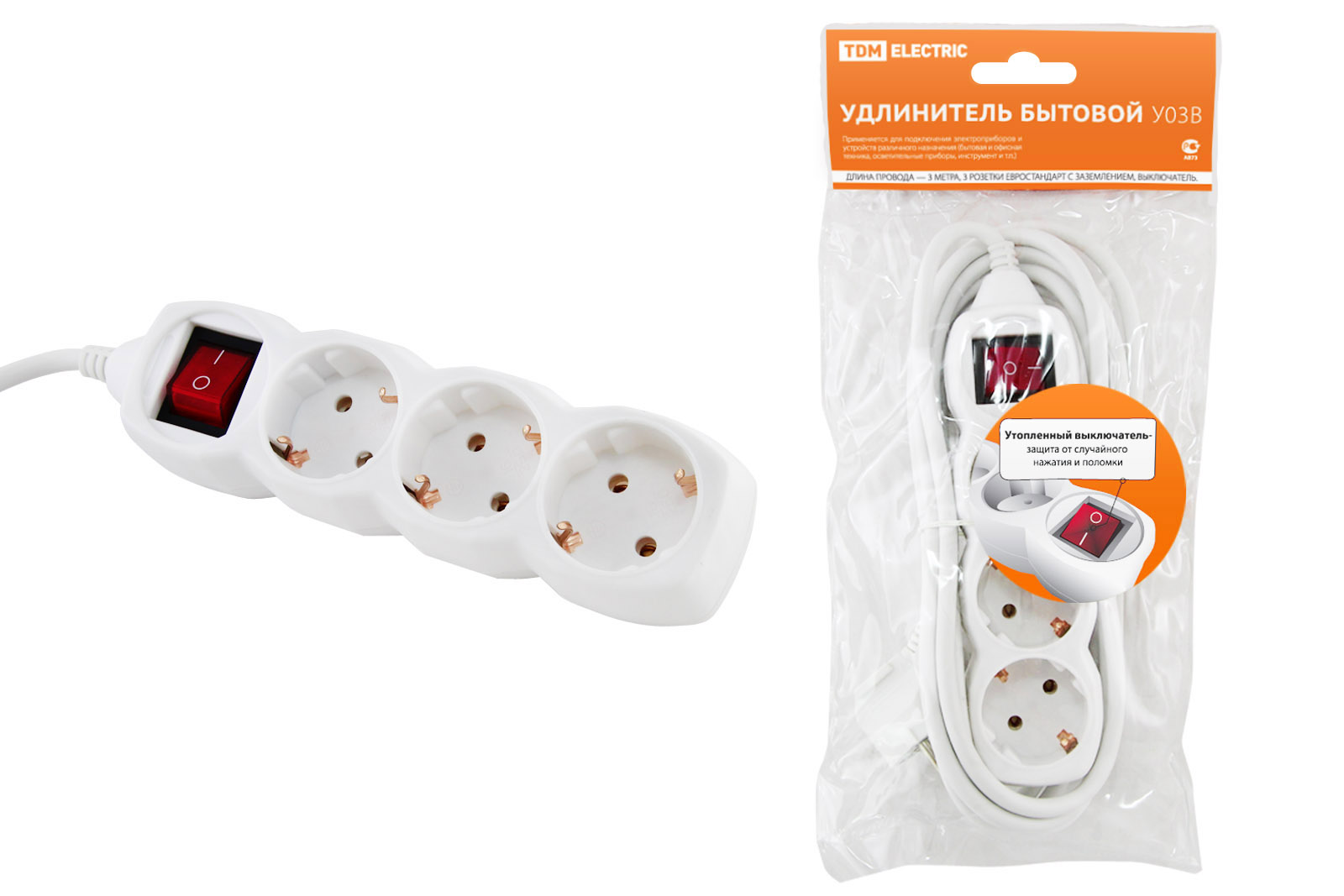 Удлинитель бытовой У03В выключатель, 3 гнезда, 3метра, с заземлением, ПВС 3х1мм2 16А/250В TDM