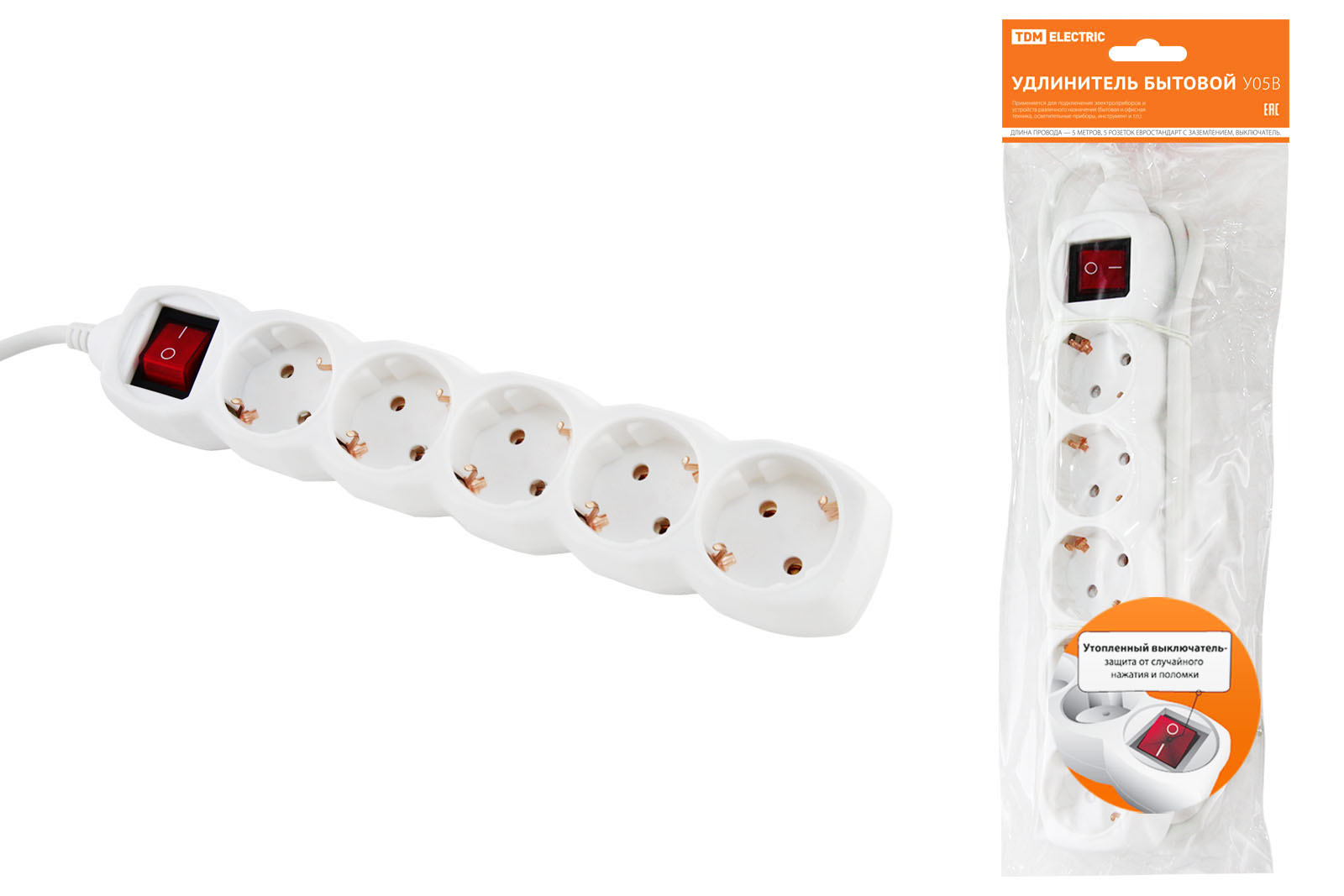 Удлинитель бытовой У05В выключатель, 5 гнезд, 5метров, с заземлением, ПВС 3х1мм2 16А/250В TDM