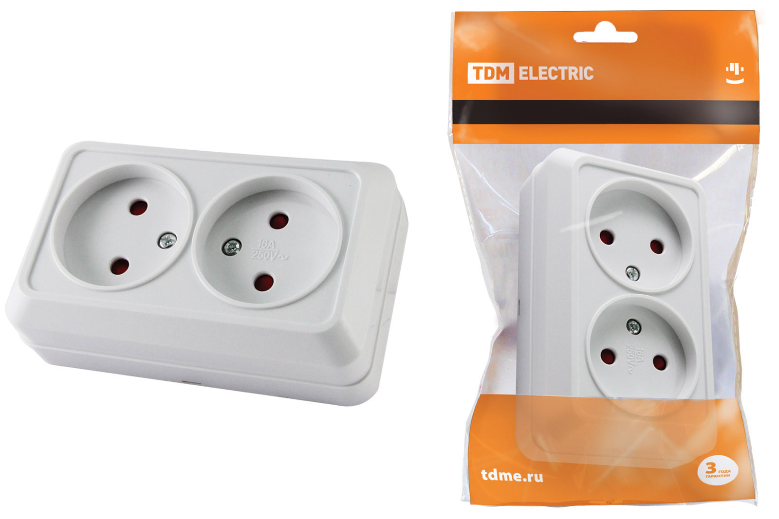 Розетка двойная 2П открытой установки с з/ш IP20 10А, белый